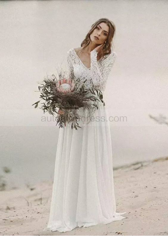 Long Sleeve Ivory Lace Chiffon Beach Wedding Dress